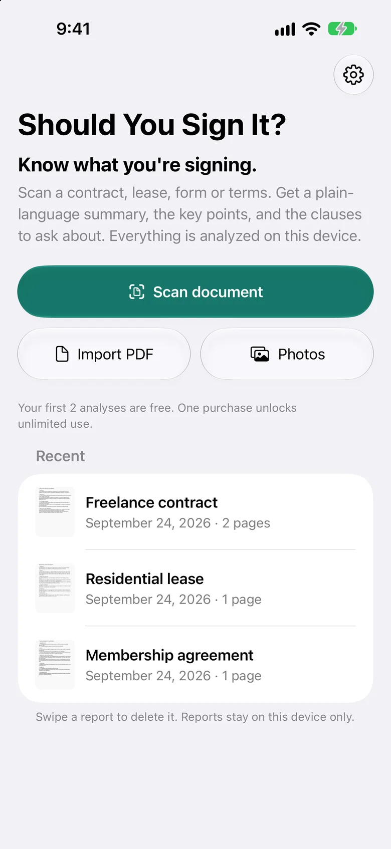 Home screen with Scan document, Import PDF and Photos buttons and recent reports.